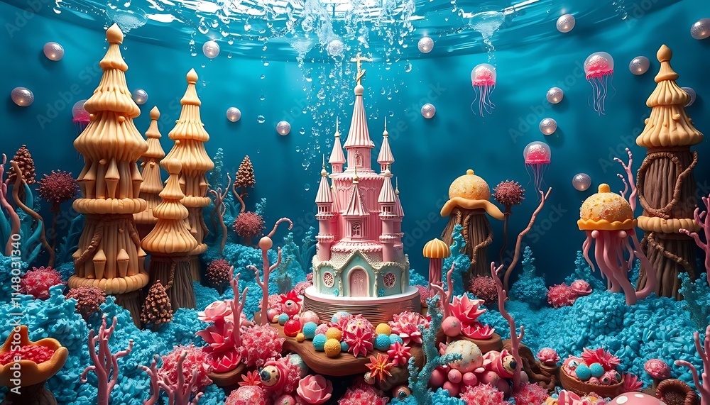 Naklejka premium Underwater Castle Fantasy Scene With Jellyfish And Coral
