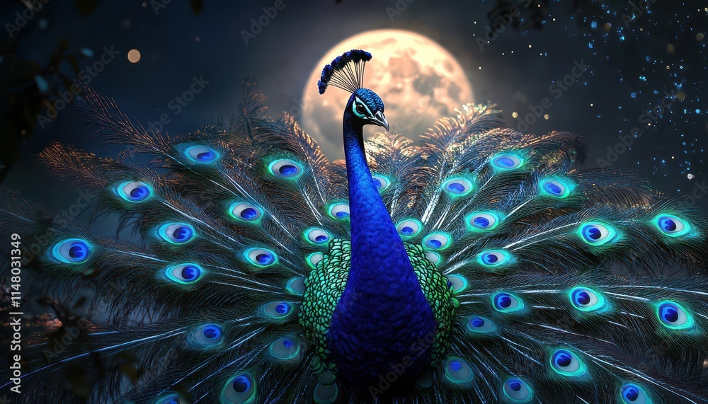 Peacock with stained glass feathers glowing under moonlight, wildlife, surreal artistic elegance
