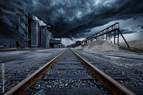 rusty tracks through industrial zone, factory buildings looming, stormy sky photo