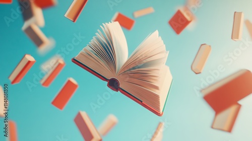 Floating Open Book Surrounded by Other Books in a Light Blue Background, Hyper-Realistic Photography. AI generated illustration