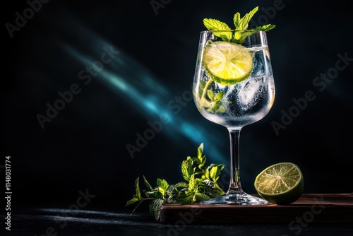 Clear drink with lime, mint, ice on dark surface.