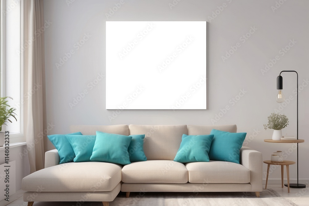 Turquoise blue knot pillow on a beige corner sofa and blank poster on a white wall in a modern living room interior Turquoise blue knot pillow on a beige corner sofa and blank poster on a white wall in a modern living room interior