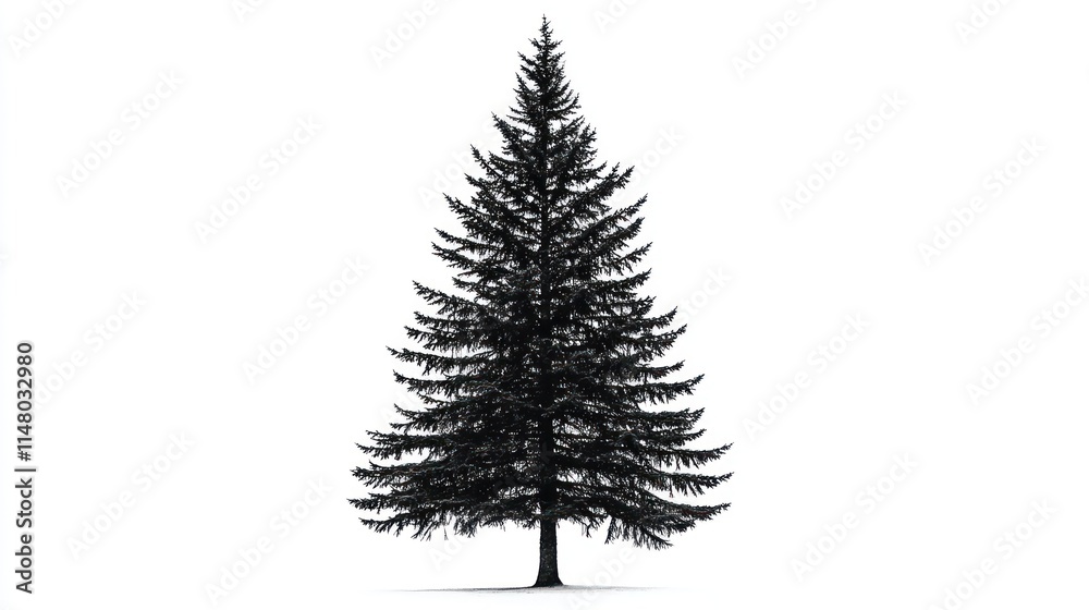 A solitary evergreen tree stands tall against a white background A solitary evergreen tree stands tall against a white background