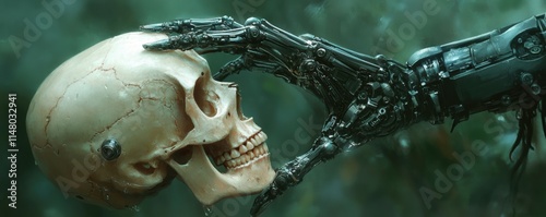 In a hyper-realistic style, a cyborg grasps a skull, representing the threat of technology to humanity.