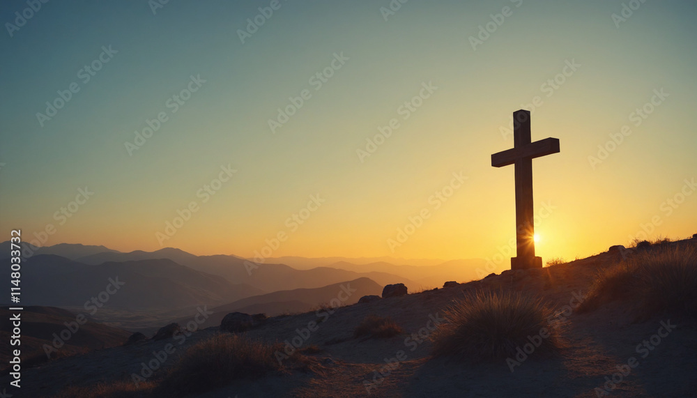 Wooden cross in silhouette style in warm colors representing Easter against mountainous sunset landscape with copy space Wooden cross in silhouette style in warm colors representing Easter against mountainous sunset landscape with copy space