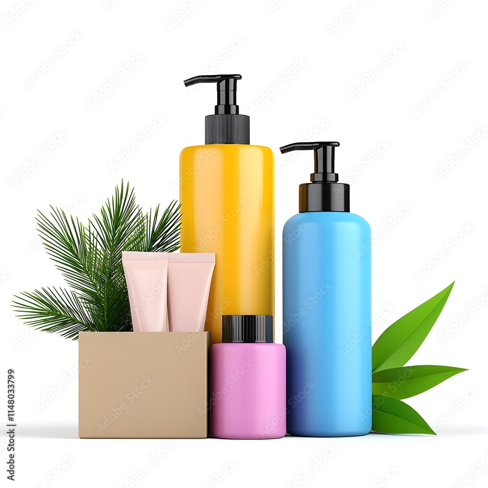 Colorful Cosmetic Bottles with Natural Elements and Leaves Colorful Cosmetic Bottles with Natural Elements and Leaves