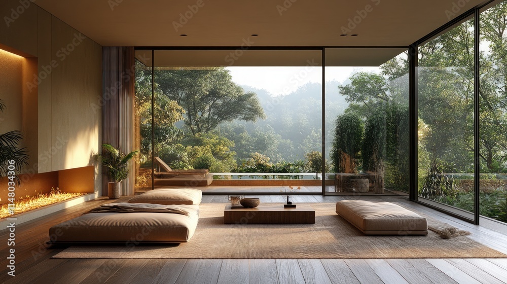 Fototapeta premium Minimalist room, forest view, fire, floor seating.