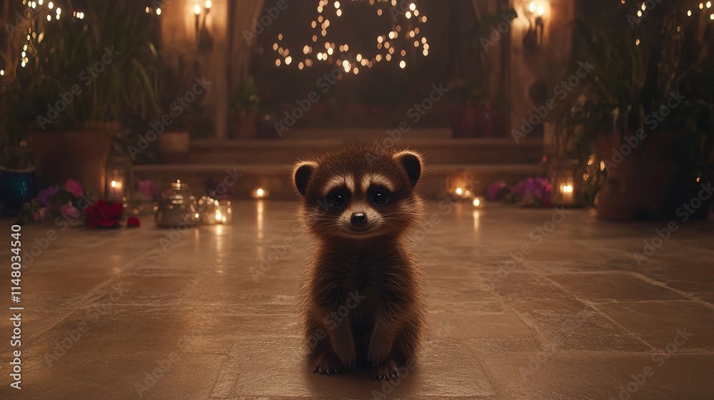 Fototapeta Adorable Raccoon Kitten in a Romantic Courtyard Setting