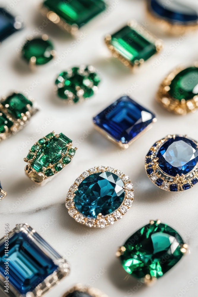 Variety of emerald and sapphire gems on a marble surface. Variety of emerald and sapphire gems on a marble surface.