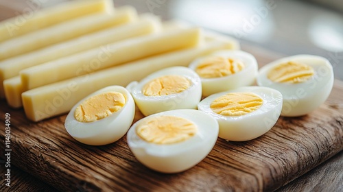 Close-up of protein-rich snacks such as boiled eggs and cheese sticks placed on a wooden board Stock Photo with side copy space