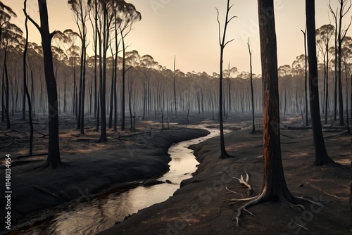 trees are burned in a forest with a stream running through it photo