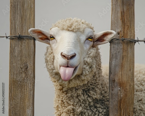 A sheep pokes its head through a barbed wire fence, sticking its tongue out humorously, creating a comical and quirky scene. photo