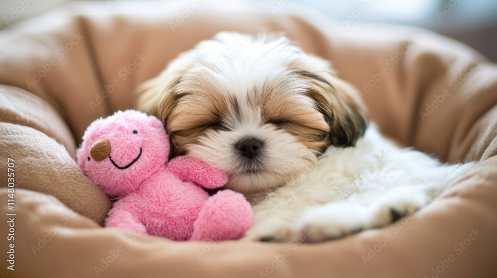 Sleeping puppy with toy, nestled inside soft bed. Sleeping puppy with toy, nestled inside soft bed.