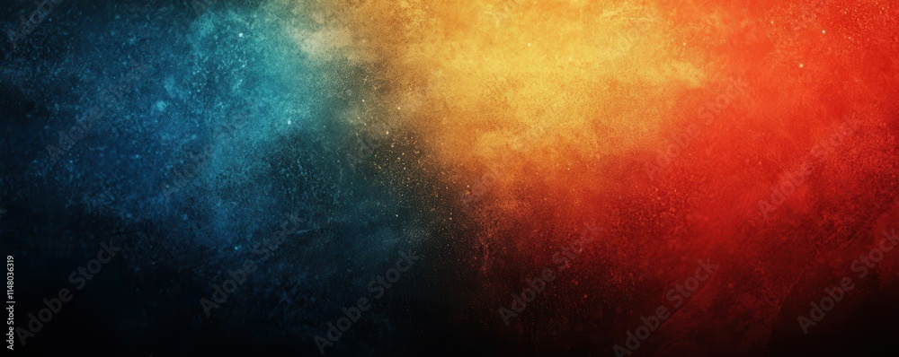 Obraz premium Dark grainy background, red yellow blue vibrant color gradient shape on black backdrop, noise texture banner poster header cover wallpaper design