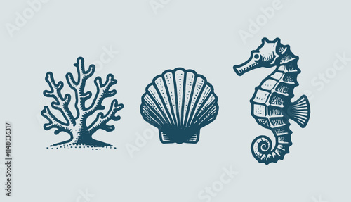 Vintage engraving style icons: coral, seashell, and seahorse in blue