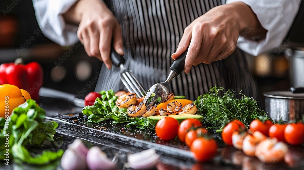 Health-conscious individual preparing a colorful protein-packed salad with grilled shrimp and avocado Stock Photo with side copy space