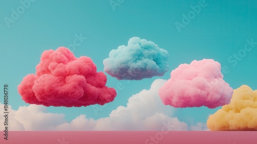 3D Fantasy Neon Glowing, Surreal and Dreamlike, Colorful clouds float in a bright blue sky, creating a whimsical and serene atmosphere. Perfect for nature and art themes. photo