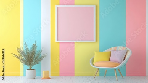 Pastel multi colour vibrant groovy retro striped background wall frame with bright armchair decor. Mock up template for product presentation photo