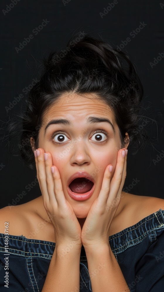 Woman with wide eyes and open mouth expresses surprise while holding her face in disbelief in a studio setting against a dark background Woman with wide eyes and open mouth expresses surprise while holding her face in disbelief in a studio setting against a dark background