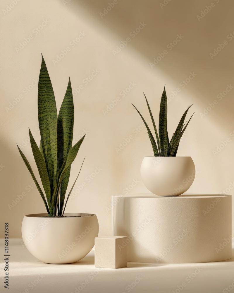 Two snake plants in white pots on pedestals, soft light. Two snake plants in white pots on pedestals, soft light.