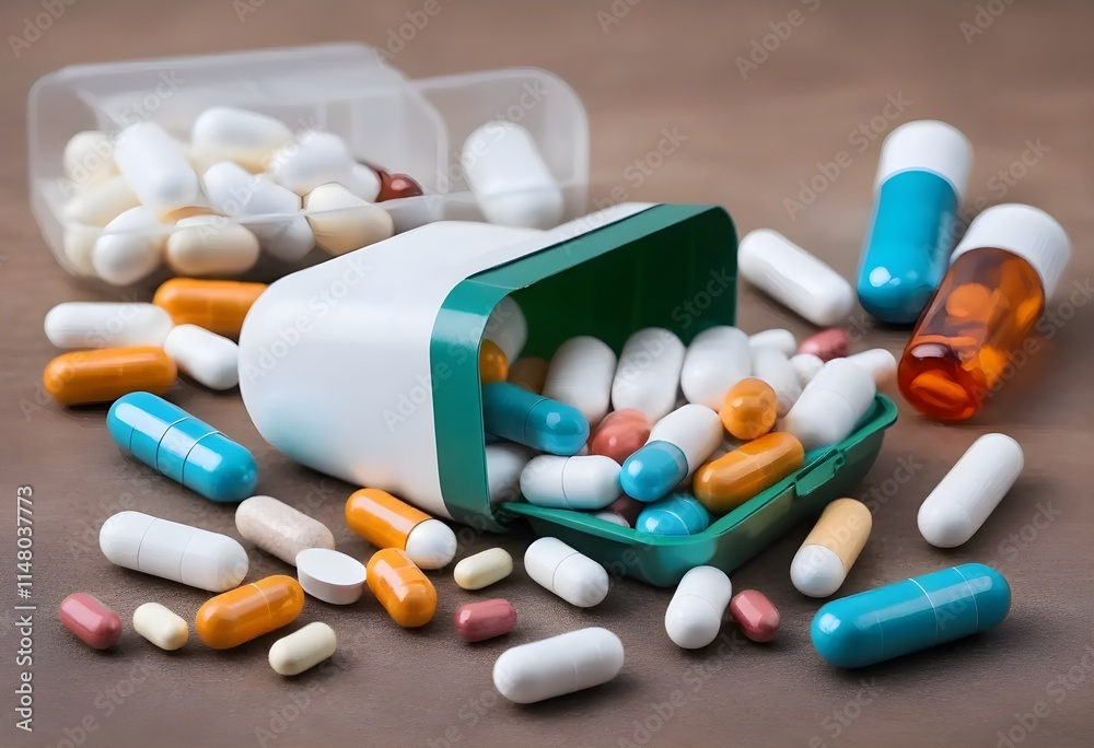Pills and capsule. Medicine pill bottle and box Pills and capsule. Medicine pill bottle and box