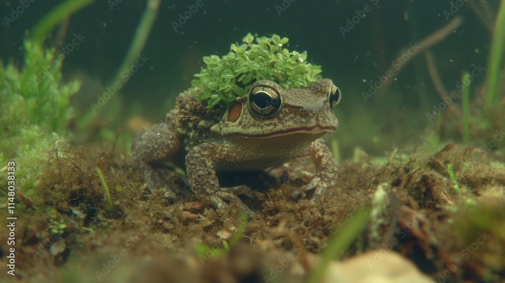 Obraz premium Aquatic Frog with Mossy Head in Underwater Habitat