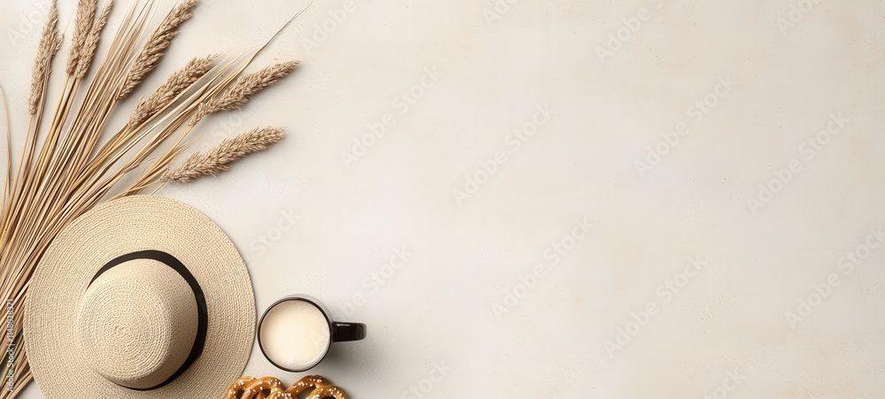 Fototapeta premium Enjoying a relaxing coffee moment with straw hat and dried plants on a calm surface