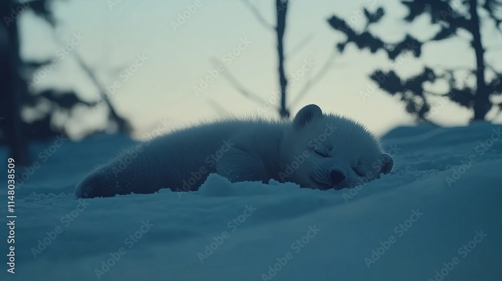 Fototapeta premium Arctic Fox Pup Sleeping Peacefully in Snowdrift