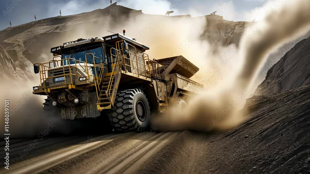 Massive mining truck conquers rugged terrain, kicking up dust under the bright sky in an afternoon operation