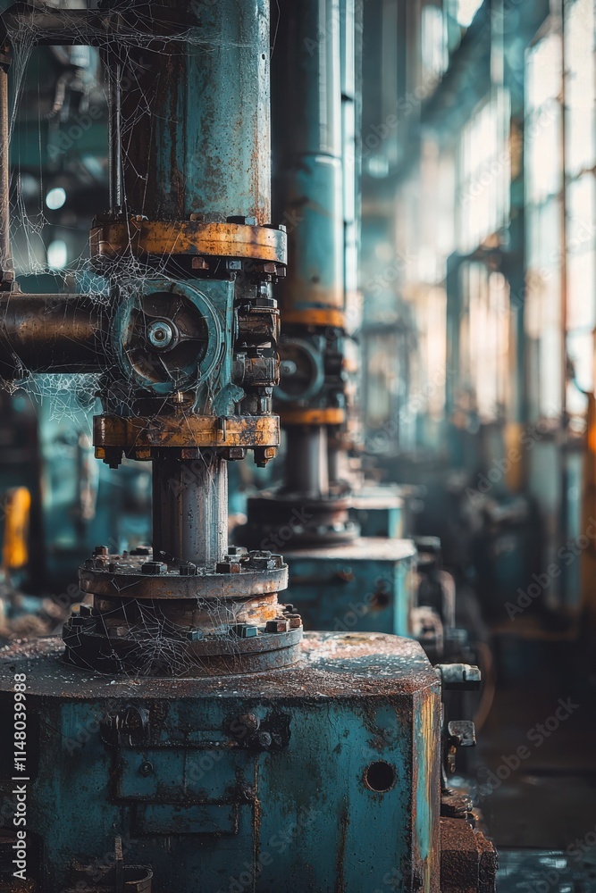 Industrial machinery and equipment in an abandoned factory with cobwebs reflecting years of neglect Industrial machinery and equipment in an abandoned factory with cobwebs reflecting years of neglect