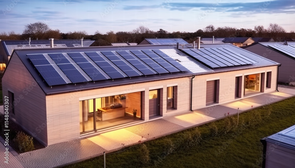 New energy-efficient building with solar panels showcasing modern architecture and sustainable design under a twilight sky New energy-efficient building with solar panels showcasing modern architecture and sustainable design under a twilight sky