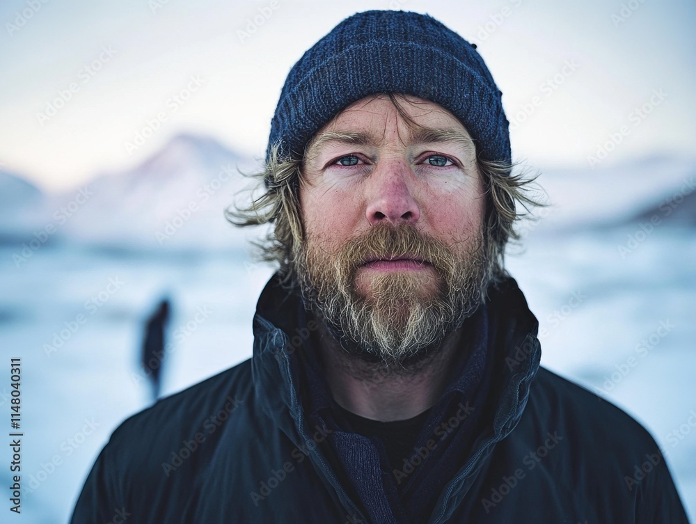 Portrait of a Bearded Man in Winter, Cold Landscape, Frozen Terrain Portrait of a Bearded Man in Winter, Cold Landscape, Frozen Terrain