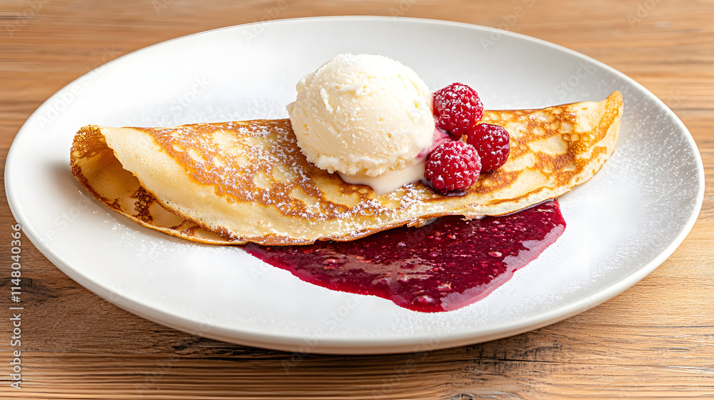 A close-up shot of an elegant crepe with raspberry sauce, showcasing the delicate layers and vibrant color contrast, perfect for a gourmet dessert or breakfast treat.
A close-up shot of an elegant crepe with raspberry sauce, showcasing the delicate layers and vibrant color contrast, perfect for a gourmet dessert or breakfast treat.