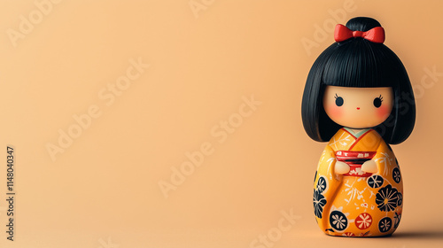 A Japanese kokeshi doll with vibrant kimono patterns and a traditional hairstyle

