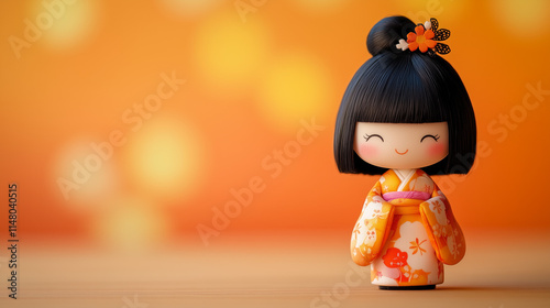 A Japanese kokeshi doll with vibrant kimono patterns and a traditional hairstyle

