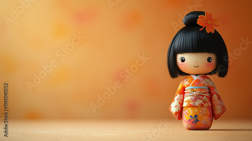 A Japanese kokeshi doll with vibrant kimono patterns and a traditional hairstyle
