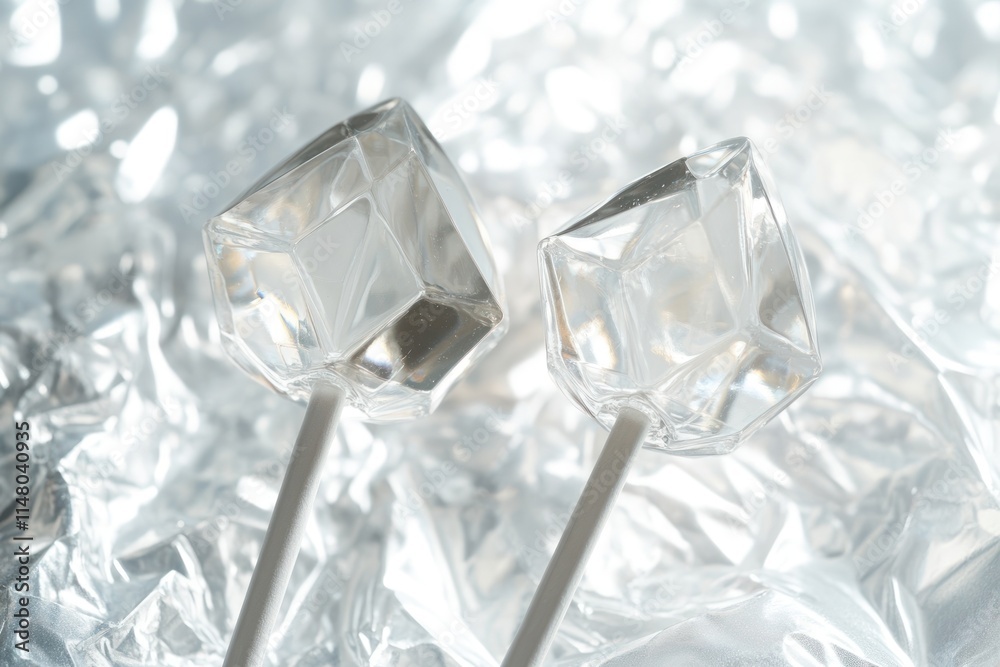Two faceted clear lollipops on sticks against a shiny silver background. Two faceted clear lollipops on sticks against a shiny silver background.