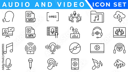 Audio Video Icons Pack. Thin line icons set. Flat icon collection set. Simple vector icons