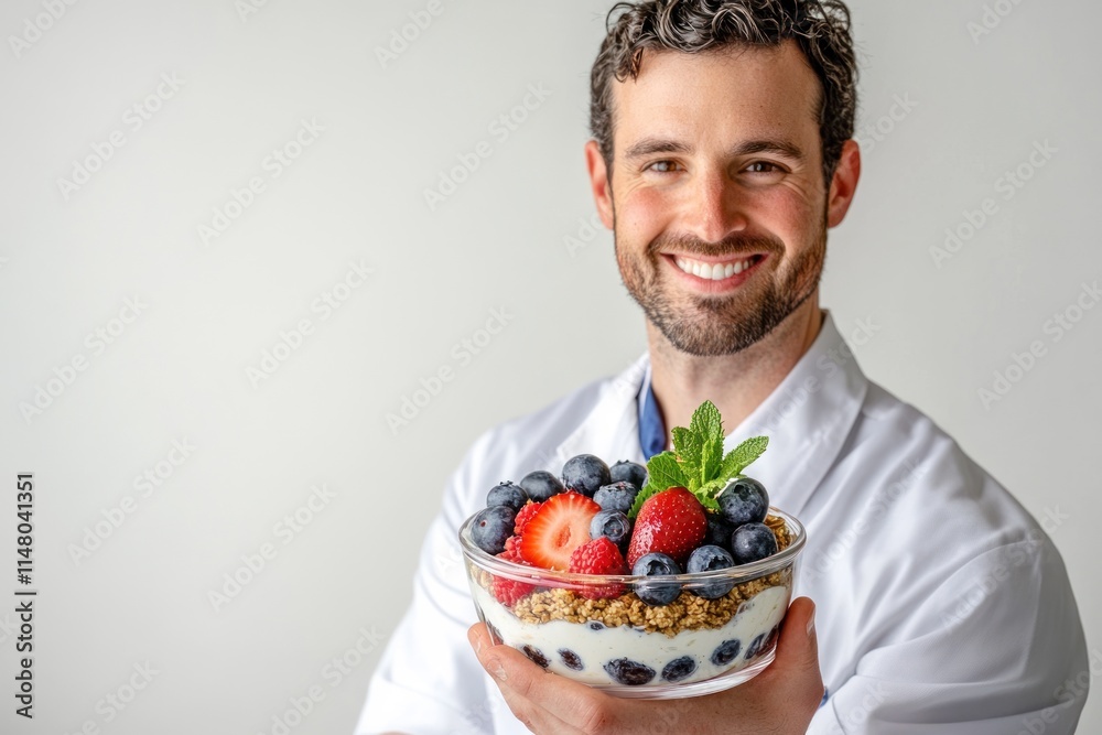Smiling man holds bowl of yogurt, berries, granola. Smiling man holds bowl of yogurt, berries, granola.