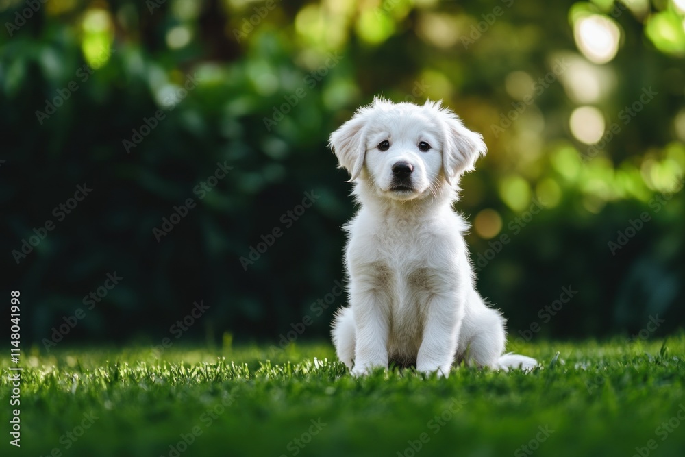 Fluffy white puppy sitting on green grass outdoors. Fluffy white puppy sitting on green grass outdoors.