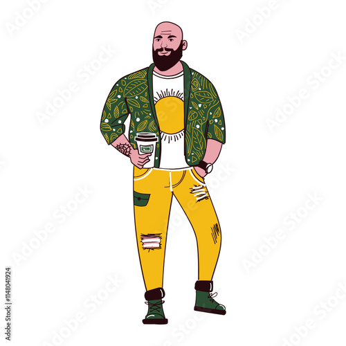 Middle aged man character with beard wearing trendy modern outfit including jeans,t-shirt, boots holds coffee cup. Street fashion flat illustration isolated on white background.