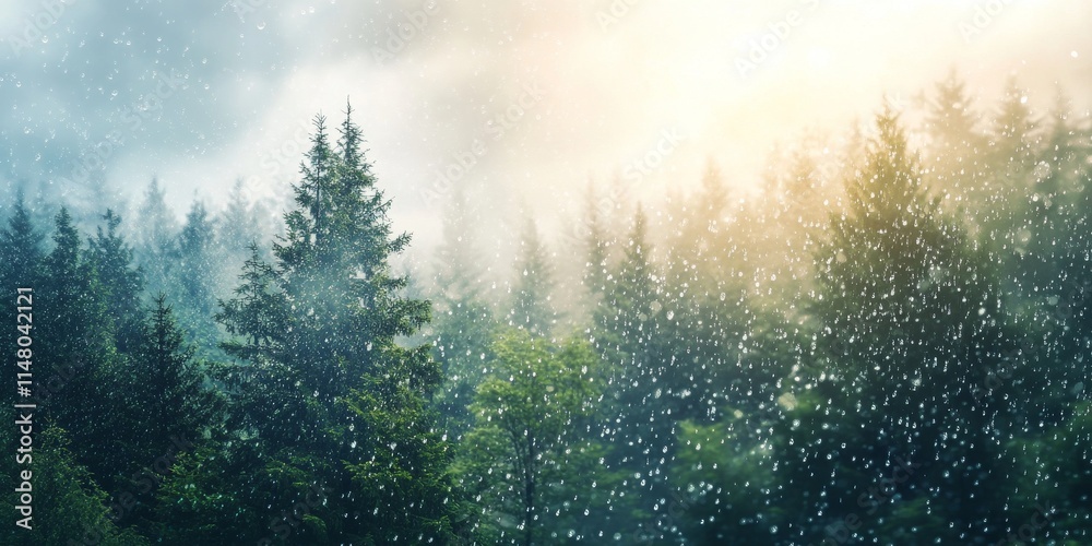 A forest with snow on the trees. The snow is falling and the sky is cloudy. The trees are green and the snow is white A forest with snow on the trees. The snow is falling and the sky is cloudy. The trees are green and the snow is white