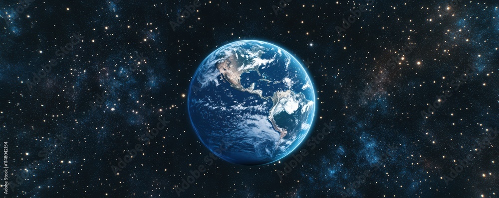 Obraz premium Space View: Stunning view of Earth from space, glowing blue atmosphere, stars in background, space exploration, realistic rendering