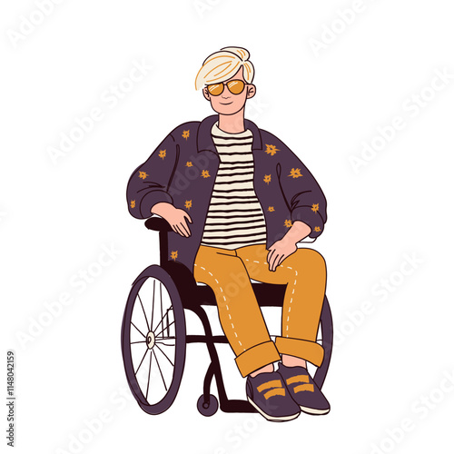 Young man character wearing trendy modern outfit including jeans, shirt, sneakers, sunglasses in a wheelchair. Street fashion flat illustration isolated on white background.