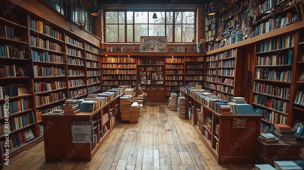 Antique bookstore, wooden shelves, many books. Antique bookstore, wooden shelves, many books.