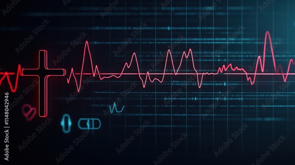 Obraz premium Heartbeat Monitor Graphic Featuring Cross Symbol and Various Medical Icons Representing Health, Vital Signs, and Emergency Care in a Digital Setting