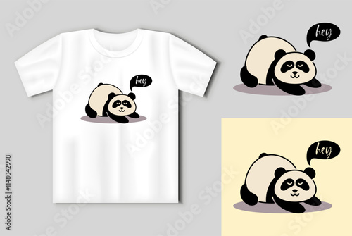 A cute lazy panda with inscription Hey. Funny print with t-shirt mockup. Vector illustration