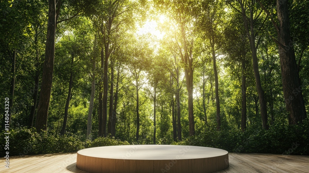 Wooden Platform in a Lush Green Forest Setting Wooden Platform in a Lush Green Forest Setting