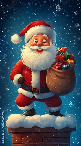 Cartoon Santa on a chimney