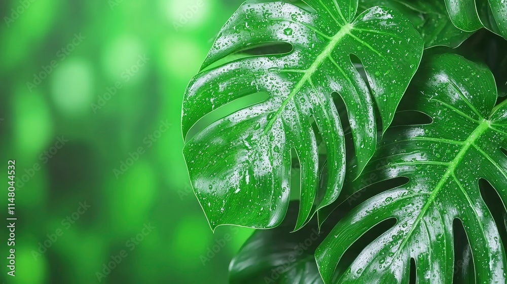 Fototapeta premium Lush Dew-Kissed Monstera Leaves in Vibrant Green Rainforest Setting